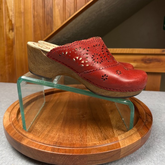 Dansko Shoes - Dansko Red Leather Floral Laser Cut Perforated Clog Mules Wedge Shoes Womens 40